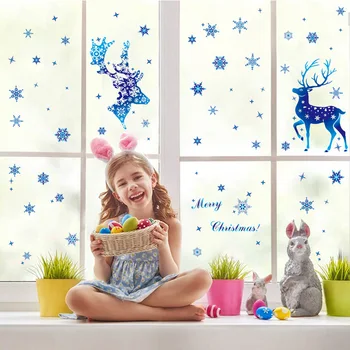 2 ks Vianočné Modré Snowflake Elk Nálepky Sklenených Okien, Dekorácie, Nálepky Veselé Vianočné Ozdoby, Vianočné Samolepky na Stenu