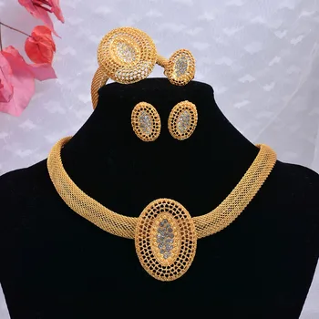 4k Etiópskej Zlatá Farba Šperky Set Pre ženy, Zirkón Bangles Náhrdelníky Náušnice Krúžok Dubaj Darčeky Afriky Svadobné Svadobné Nastaviť