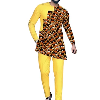 Africké Oblečenie Bavlnené pánske Súpravy Patchwork Topy S Čisto Žlté Nohavice Nigérijský Mužskej Módy na Mieru Svadobné Odevy
