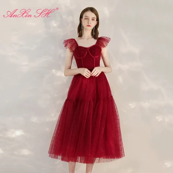 AnXin SH princezná červené víno čipky večerné šaty vintage milú volánikmi rukáv lištovanie crystal nevesta linky večerné šaty