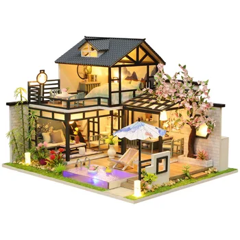 Drevo Miniatúrny domček pre bábiky s Nábytkom LED Svetla Kit Doll House Hádanky Stavebných Kit Villa Izba Narodeninám
