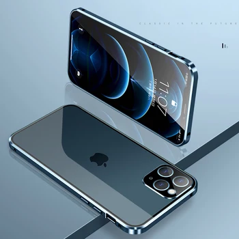 Magnetický Kov Sklo puzdro Pre iPhone 12 Dec 12 Pro Max mini 11 Pro Max Prípade Fotoaparát Sklo Luxusné Magnet Úplný Ochranný Kryt