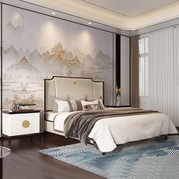Moderné svetlo luxusné nový Čínsky štýl, kožené dvojlôžková spálňa Zen masívneho dreva posteľ svadobné lôžko high-end nábytok