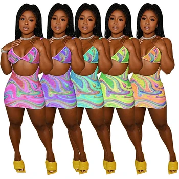 Multicolor Vytlačené 2 Dielna Sada Letných Backless Plodín Top Špagety Popruh Bodycon Mini Šaty, Sexy Klub Zodpovedajúce Nastavenie Plaviek