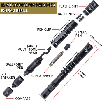 Multifunkčné Taktické Pero Self-Defense Whistle Baterka Lampa Kompas Vonkajšie Nástroj Zabezpečenia Ochrany Defesa Pessoal P12