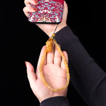 Original sin-ťiangu zlato hodváb jade pixiu mobilný telefón lanko krátke Čínsky štýl, prírodné topaz ručne tkané jade prívesok