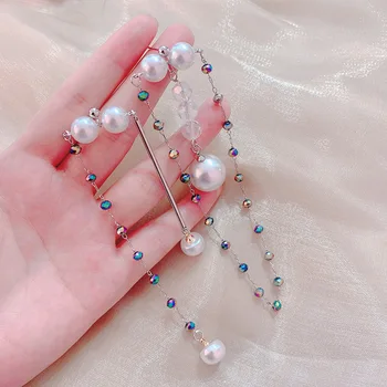 Pôvod Lete Jemné Multicolor Crystal Visieť Náušnice pre Ženy Imitácia Perly Asymetrický Strany Náušnice Šperky Pendientes