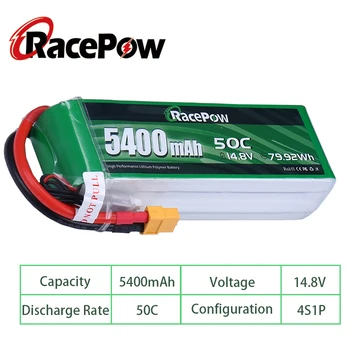 RacePow 4S RC Lipo Batérie 14,8 V V 50C 5400mAh s XT60 Konektor pre RC Auto, Vrtuľník Quadcopter Loď RC salash Drone FPV 4 Články