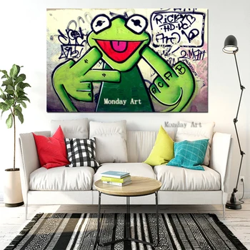 Ručné Graffiti, Street Art Žabiak Kermit Prst Plagát, obraz na Plátne Maľovanie Živočíšneho Oleja Maľovanie obrazov na Stenu Pre obývacia izba