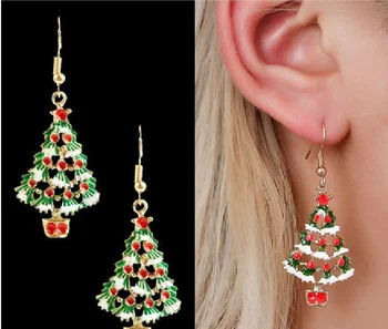 Vianočné farebná karikatúra šperky roztomilý odkvapkávanie oleja Vianočný stromček módne ženy ucho veľkoobchod