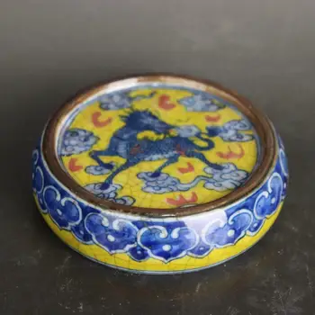 Čínsky Modré a Biele Porcelánové Qing Kangxi Farebné Kirin Teacup Tanier 3.38
