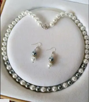 Ženy Šperky Set 8 mm kolo perličiek šedá biela zmiešané skutočný prírodný south sea shell perly náhrdelník kvet spona visieť háčik náušnice